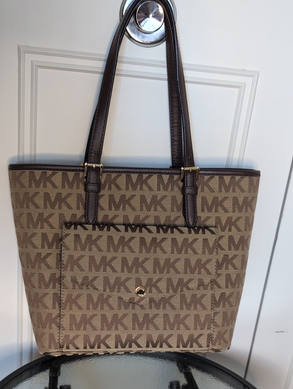 Michael Kors Brown MK Logo Canvas Tote with Dark Brown Leather Trim